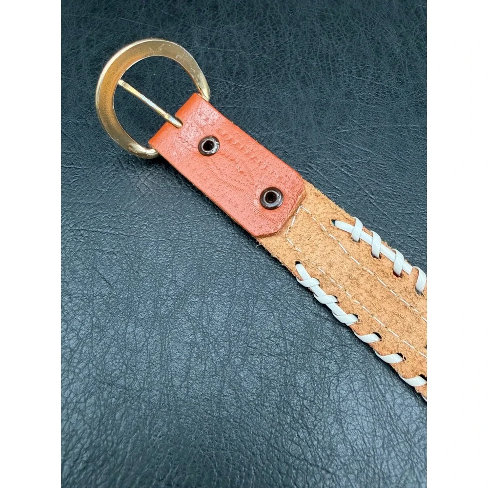 Unionbay Vintage Beaded Leather Belt Southwestern White Tan Gold Buckle 33in